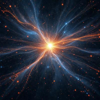 The primary subject of the image is a bright, colorful, and intricate pattern of stars and nebulae. The setting is a dark, starry sky, with the pattern filling the entire frame. The visual style is a combination of digital art and illustration, creating a vibrant and captivating scene. The colors and mood of the image are predominantly blue and orange, with the blue hues representing the vastness of space and the orange hues adding warmth and energy to the scene.